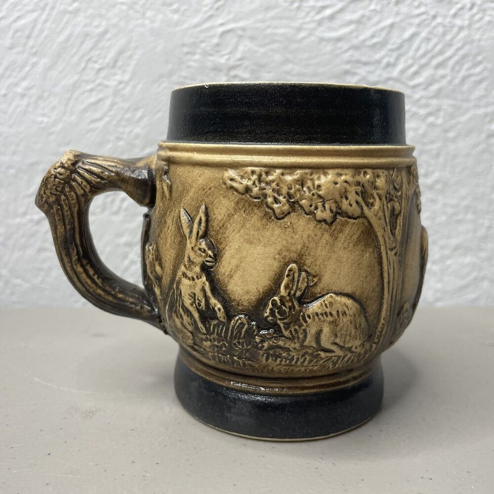 2 VTG‎ Beer or Coffee Stone Wear Mugs 4" Tall Rabbits Deer Black Trim Germany - Picture 11 of 12